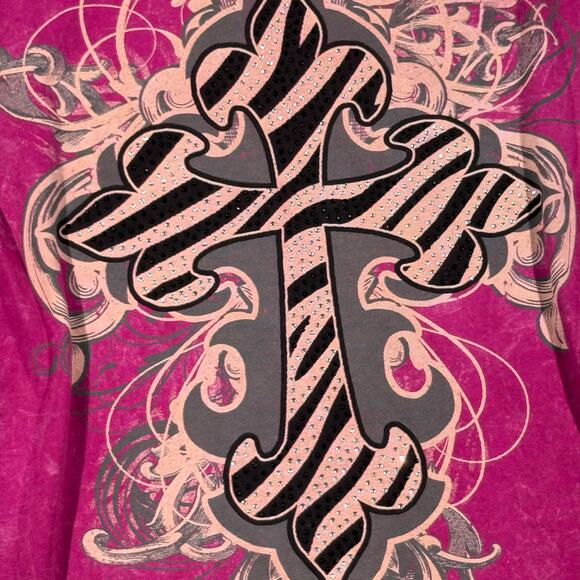 Vintage Y2K Pink Grunge Goth Affliction Style Top Rhinestones Cross AOP Size M - Picture 2 of 7